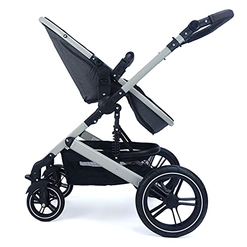 Pixini Neyla Kombi Kinderwagen mit Stoffwanne/Buggy/Wickeltasche/Getränkehalter/Regenplane/Mückennetz/Wickelauflage (3in1 Set mit Babyschale grau/anthrazit)