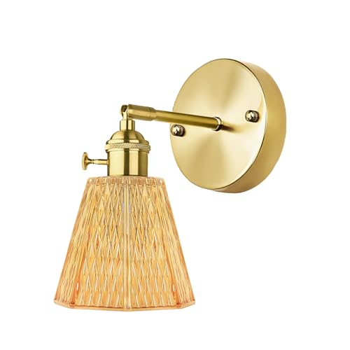 Image of Pensar Vintage Wall Sconce with Amber-Tone Textured Glass, Adjustable Brass Arm and Gold Finish Base, Warm Ambient Glow for Bedroom, Hallway, Living Room, or Cozy Corners