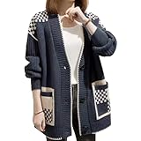 [ ニューネ ] ニットカーディガン アウター チェック柄 レディース Vネック 前開き 羽織り もこもこ おおきめ おおきい ゆる あったか ビジネス 羽織 カジュアル コーディガ オフィス用 おしゃれ エレガント ちくちくしない ざっくり お呼ばれ おおきいサイズ 紺色 オシャレ カワイイ トロミ ユッタリ きれいめ 家着 暖かい 部屋着 オフィス 格子カーデ ネイビー 3A-W13-NVL