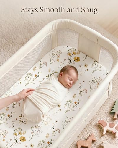 Image of Bedside Bassinet Sheets 2 Pack, 33 x 20 Fitted Bedside Sleeper Sheets, Ultra Soft Breathable Polyester, Ideal for Baby Girl or Boy and Newborns (Cottage Cow, Bedside Sleeper Sheet)