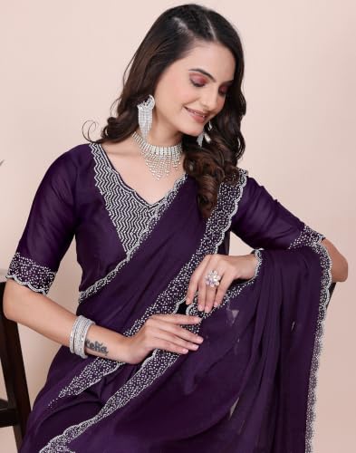 Image of SIRIL Women's Georgette Hot Fixing Stone Work Saree with Unstitched Blouse Piece