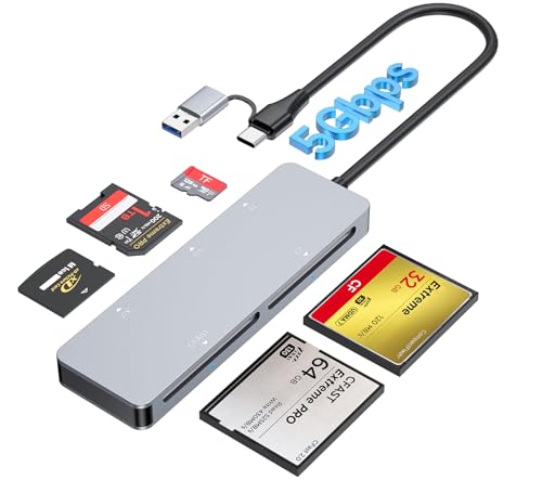 CFast Card Reader USB 3.0 USB C CFast 2.0 Card Reader - 5 in 1 5Gbps Aluminum CFast Memory Card Adapter for Lexar Transcend Sony Card Read 5 Cards Simultaneously for CFast/CF/SD/TF/XD Card