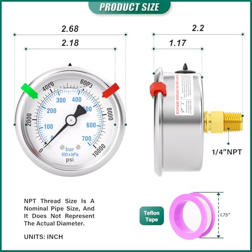 Image of 0-10000PSI Stainless Steel Liquid Filled Pressure Gauge, 2.5 inch Dial Size, 1 /4 inch NPT Back Mount, for Tube, Water Pump, Gas, Liquid, Pressure Test (with Range Mark Pointer)