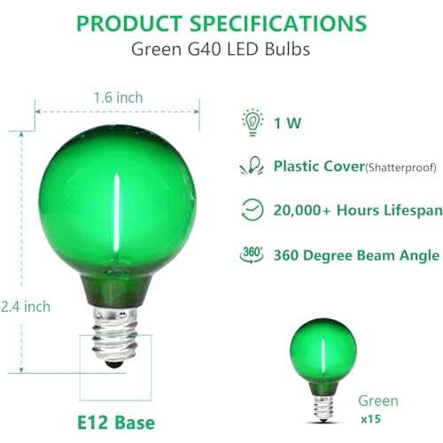 Image of 15 Pack Green G40 LED Christmas Replacement Bulbs, Clear Globe Light Bulbs for Outdoor String Lights, E12 /C7 Candelabra Base, 1W LED Filament Shatterproof Plastic Night Light Bulbs, 120 Volt