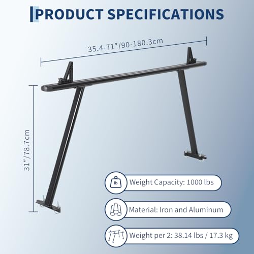 Image of Adjustable Aluminum Truck Ladder Rack, 1000 LB Capacity, Powder-Coated No-Drill Crossbars 35.4-71 inch Adjustable Width Truck Bed Ladder, Heavy-Duty 2-Bar Utility Rack for Pickup, Kayaks, Lumber, Ladders