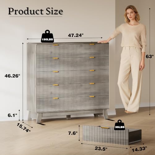 Image of BORNOON 46 inch Tall Dresser for Bedroom, 10-Drawer Fluted Chest of Drawers, Modern Wood Highboy with Metal Slides and Handles, Anti-Tip Kit, Vertical Clothes Storage Organizer for Apartment, Closet