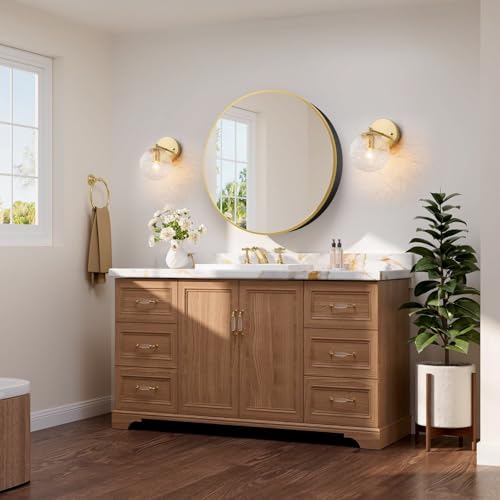 Image of Gold Wall Sconces Set of 2 Vintage Bathroom Wall Lamp 2 Pack Glass Globe Wall Light Vanity Hardwired Wall Mounted Lighting for Bedroom Living Room Hallway Stairs Kitchen (5.12in, E12)