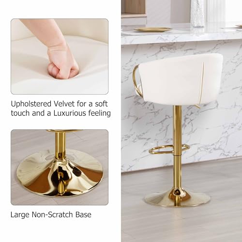 Butacos de Bar en Terciopelo, Set de 4, Ajustables con Giro de 360°, Altura Regulable, con Espaldar y Reposabrazos, Dorados, para Isla de Cocina y Bar en Casa, Color Crema Dorado miniatura 5
