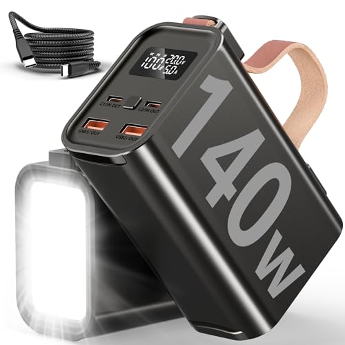 50000mAh Power Bank, 140W Powerbank Ricarica Rapida con 2 USB A e 2 USB C Porte, Display Digitale, Torcia, Cavo di ricarica da 100W, Caricatore Portatile per Laptop, Smartphone, Tablet (Nero)