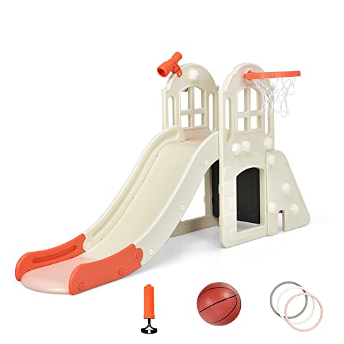 DREAMADE 6 in 1 Kinder Rutsche mit Basketballkorb & Klettern & Ringwurf & Tunnel & Teleskop, Kinderrutsche, Kinder Spielplatz für Jungen & Mädchen 3-8 Jahren (Rosa)