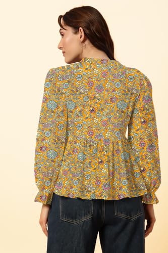 Image of THE DRY STATE Women's Rayon Casual Puff Sleeves Printed Multicolor Crop Top (S, Autumn Glory)