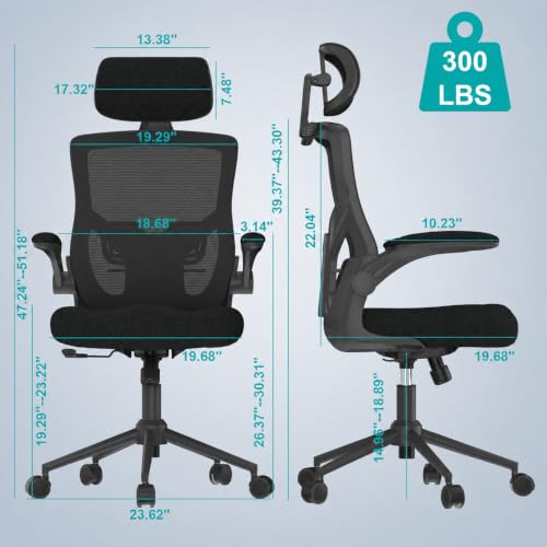 Image of Office Chair for Long Hours & Lower Back Pain Relief - 4 inch Thick Molded Foam Cushion, Padded Lumbar Support and Flip-up Armrests, Ideal for Office or Study (Modern, Black-HR)