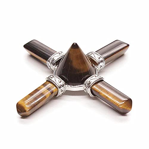 MCWJ Silver Plated Hexagon Column With Round Pyramid Energy Transmitter Natural Tiger Eye Stone Pendant