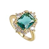 hsiyyecg Emerald Cut Gemstones CZ Halo Engagement Ring,18K Yellow Gold Plated Silver Green Simulated Emerald & Transparent Cubic Zirconia Ring for Women (US Size 9)