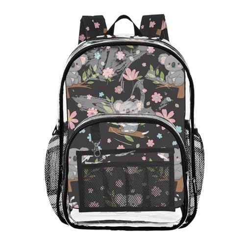 Clear Backpack Women Cute Girls Backpack Kids Boys Approved Transparent Bag Cute Cartoon Koalas Pastel Flowers