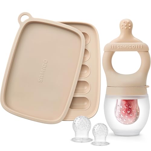 Image of SAMiGO Baby Food Fruit Feeder and Breastmilk Popsicle Mold Set, Silicone Fruit Teether, Food Feeder Pacifier for Teething Relief, Freezer Tray, Baby Feeding Essentials, 4 Months+