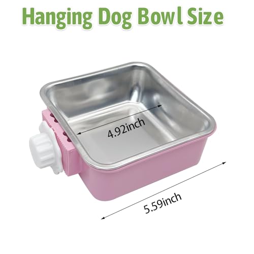 kathson Crate Dog Bowl, Removable Stainless Steel Hanging Pet Kennel Cage Bowl Food & Water Feeder Coop Cup for Puppy, Cat, Rabbit,Guinea Pigs 2pcs Large Square(Blue,Pink)