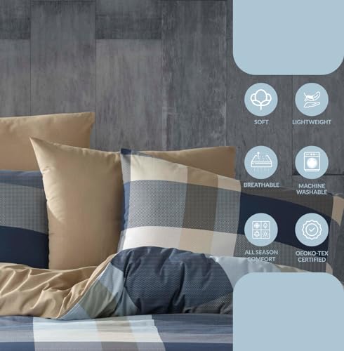 Housse de couette en coton respirant doux 135x200 bleu caro taie - 6