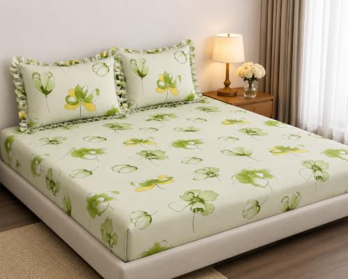 Image of King Size Fitted Bedsheet for Double Bed | 300 TC Cotton Feel Microfiber | All Around Elastic with 2 Frill Pillow Covers | Soft & Durable | (Melissa, Fitted - 72 x 78 Inch King)