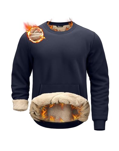 Pudolla Mens Fleece Sweatshirt Men Warm Sherpa Lined Long Sleeve Underwear Tops Winter Pullover for Men(navy S)