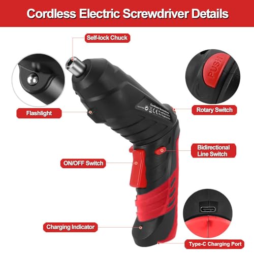 AFNZTME Cordless Power Screwdriver Electric Screwdriver Rechargeable Set, Battery Powered Screwdriver Kit Including 46pcs Bits, Pivoting Handle and LED Lights Small Drills Cordless (Red) thumbnail 5