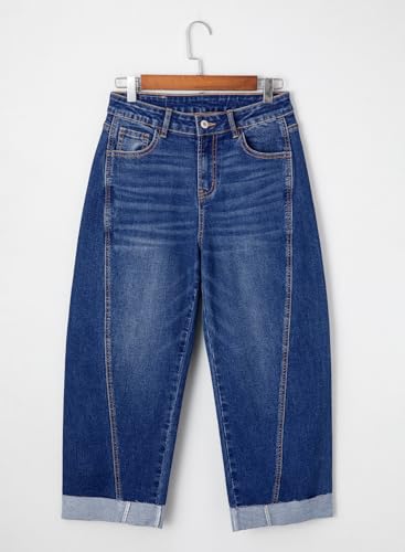 Image of Sidefeel Barrel Jeans for Women High Waisted Wide Leg Baggy Stretchy Trendy Raw Rolled Hem Capri Cropped Ankle Denim Pants