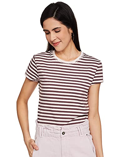 Image of Enamor Essentials Women's Short Sleeve Crew Neck Slim Fit Breathable Stretch Cotton Tee With Graphic - E147(E147-Dl Plm Mel /Drm Pnk Stripe-XL)