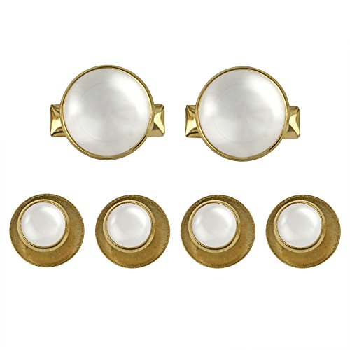 Buttonmode Tuxedo Shirt Studs And Cufflinks, White With Gold Color Trim, 6 Piece Complete Set (4 Studs For Front, 2 Cufflinks For Sleeves) With 2 Backup Cufflinks, Stainless Steel And Enamel, 1-Set #TOP20