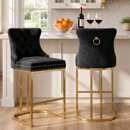 Image of UVV Counter Height Bar Stools Set of 2, 26 inch Modern Barstools with Back, Velvet Upholstery Counter Chairs with Metal Legs for Kitchen Island, Bar, Counter, Black