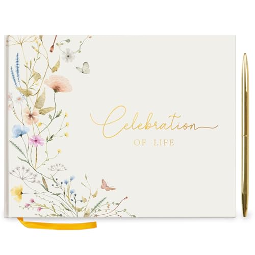 Hunanyume Funeral Guest Book for Memorial Service Celebration of Life Guest Book with Gold Pen Please Sign Table Card Wild Floral Funeral Sign in Book for Guests and Memory Book for Funeral(7 x 9)