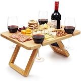 Dumbpec Bamboo Wine Picnic Table, Foldable Portable Charcuterie Tray with Bottle Slot and 4 Glass Holders, 15.6 x 11.7 x 7.5 in, for Beach, Park, Camping