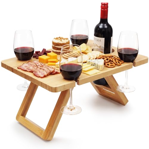 Dumbpec Bamboo Wine Picnic Table, Foldable Portable Charcuterie Tray with Bottle Slot and 4 Glass Holders, 15.6 x 11.7 x 7.5 in, for Beach, Park, Camping by Dumbpec - Used condition - US$16.96