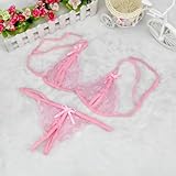 UANGLI Schnür-Dessous-Set für Damen, offener Schritt, transparente Spitze, Stickerei, Unterwäsche, G-String-Verband-Set
