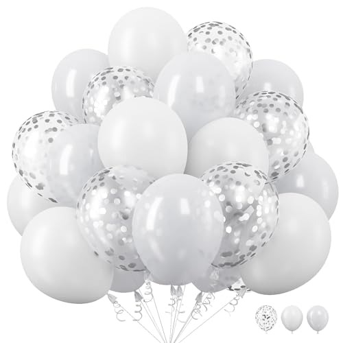 Image of White Balloons, 12 Inch Pearl Pure White Ivory Latex Balloon with Silver Confetti Balloons for Boho Birthday Baby Shower Wedding Bachelorette Retirement Valentine's Day Party Decorations