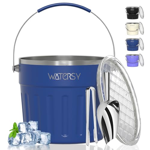 WATERSY Insulated Ice Bucket（8 Quart / 7.6 L） with Lid, Scoop, Ice Tong，Wall Vacuum Stainless Steel, Blue
