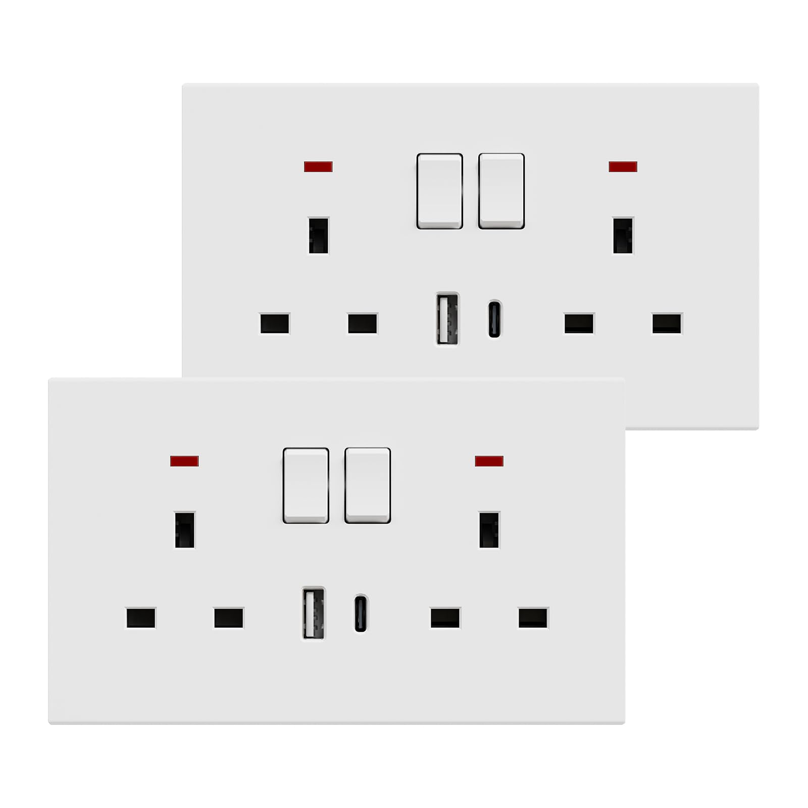 BSEED Double Socket with USB C 2 Pack, Electrical Double Switched Power Plug Wall Socket with LED Indicator, PC Wall Plate Outlet, White, 13A
