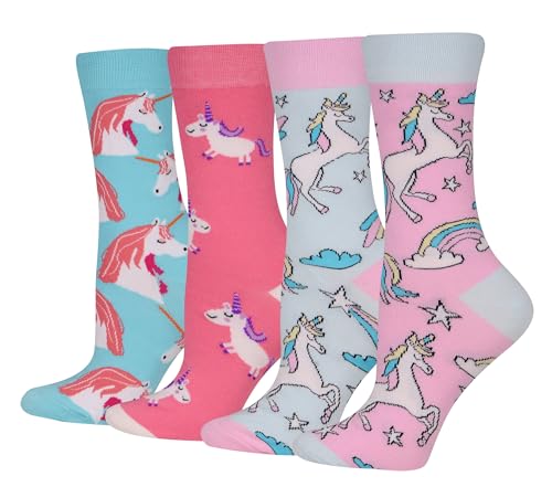 Wish Island Womens 4/5 Packs Animal Socks Unicorn Gifts Cotton Crew Novelty Socks (Unicorn - 4 pairs)