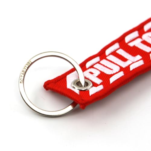 Image of PULL TO EJECT Key Chain - Red with White embroidered letters - Quantity = 1