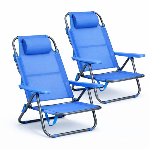 Pack de 2 Sillas de Playa Reclinables Plegables con Reposacabezas | Sillas Portátiles para Jardín, Camping, Piscina, Terraza | Estructura de Aluminio Ligera y Tela Transpirable Resistente