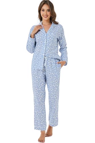 Image of LUBOT 100% Cotton Pajamas for Women Pajama Set 2 Piece PJ Sleepwear Set Soft Ladies Button Knit Long Sleeve Loungewear XS-XXL