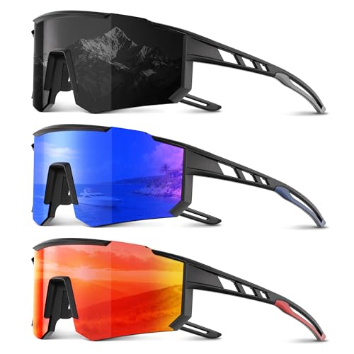 3 Pack Polarized Sports Sunglasses Men Women, Running Mens Sunglasses UV Protection for Baseball Cycling Fishing A01-grey/Red/Dark Blue
