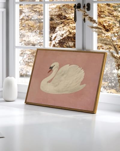 Image of KISSFOX Framed Wall Art Vintage Wall Decor Pink Swan Pictures Retro Animal Canvas Art Rustic Aesthetic Paintings Farmhouse Artwork For Bedroom Living Room Kitchen