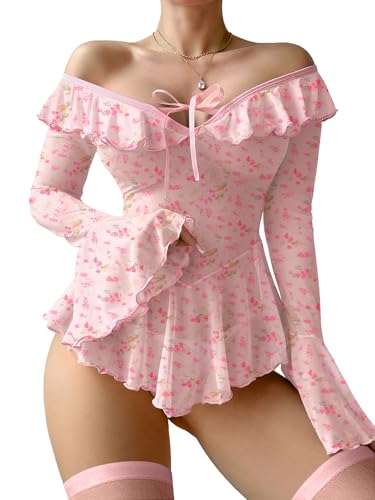 Image of Foxiny Sheer Ruffle Long Sleeve Babydoll Lingerie Dress | Off-shoulder neckline, flared cuffs and a flounce hem add movement; thong and thigh-high stockings complete the 3-piece set