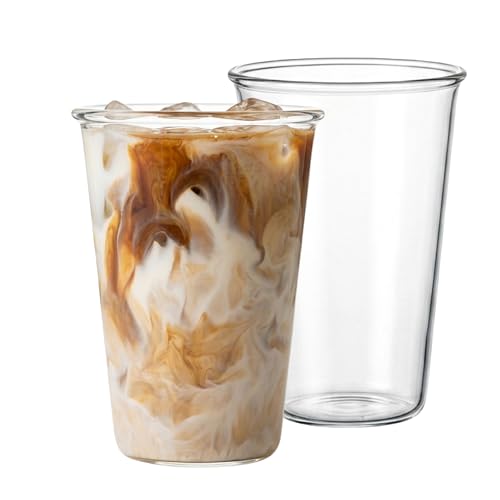 Image of PEBELLIFEWARE Aesthetic Glass Coffee Mugs (Set of 2) - Premium Borosilicate Clear Drinking Glasses for Iced Coffee, Matcha, Smoothies - Microwave & Dishwasher Safe (Conical Matcha 345ml)