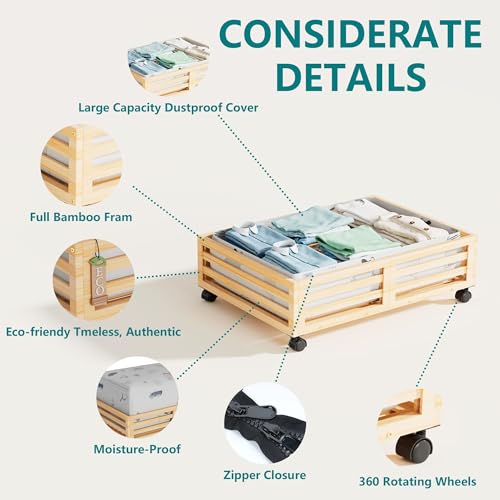 Bamboo Under Bed Storage Containers- Underbed Organizer with Wheels with Large Capacity Dust Bag,Sturdy Wood Rolling Under Bed Shoe Storage Organizer 2 Packs (Nature, 2 Packs (23.62"×16.54")) by WISUCART - Image 3