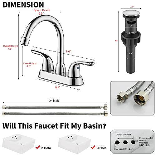 Lavatrum Bathroom Faucet, 2 Handles Centerset Lavatory Sink Faucet 4 Inch With Pop-Up Drain And Water Supply Iines (Polished Chrome, Gooseneck) #TOP4