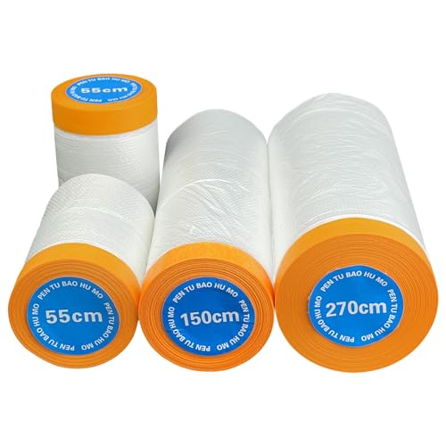 4 Rollen Abdeckfolie mit Klebeband (55cm+150cm+270cm), Malerzubehör Abdeckband Malerfolie für Fenster Wasserdichte Malerfolie für Anstriche. Abdeckfolie Stark Für Malerbedarf, Werkzeuge und Tapeten