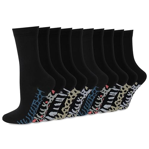 Socksmad - 10 Pairs Multipack Womens/Ladies Black Cotton Socks with Heart & Pink Bows Color Motif Size 4-7 (Animal)