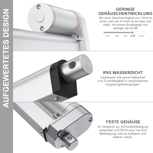 Justech Linear Actuator 300mm Linearantrieb 1500N/330 LBS IP65 10mm/s Motor Lineartechnik Aktuatoren Linearmotor Verstellantrieb dB≦50 Toröffner Hubzylinder 12V DC mit CE & RoHS