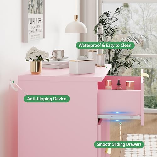 Image of Xixini Fluted Nightstand, 24 inch Wide Side Table with 3 Large Storage Drawers, Mid Century Modern Wood Night Stand with Metal Handle, Wooden Bedside End Table for Bedroom, Pink